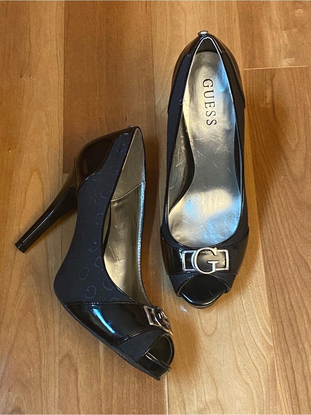 GUESS Y2K Black Patent Peep-Toe Stiletto Heels